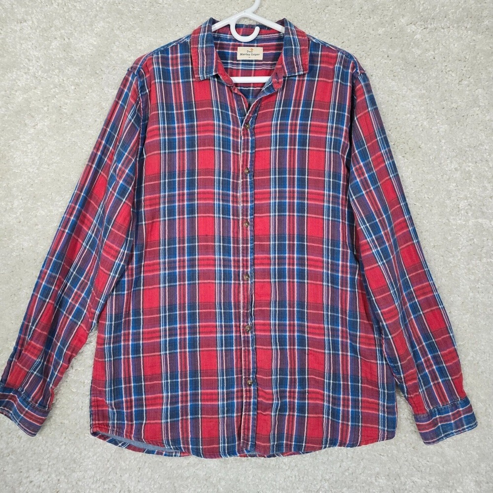 Marine Layer Plaid Flannel Shirt Mens XL Red Blue Cotton Twill Casual
